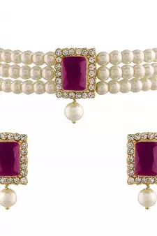 Gold Plated Traditional Handcrafted Ruby Stone Beaded Choker with Earrings For Women/Girls 