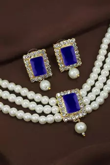 Traditional Handcrafted Sapphire Stone Beaded Choker with Earrings For Women/Girls 