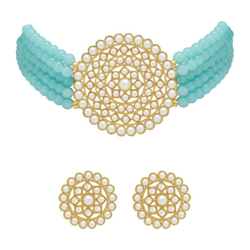 Traditional Light Weight Beaded Choker Set Glided With Moti Work 