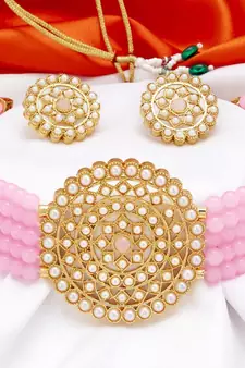 Gold Plated Traditional Light Weight Beaded Choker Set Glided With Moti Work 