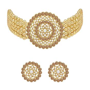 Traditional Light Weight Beaded Choker Set Glided With Stones & Moti Work 2