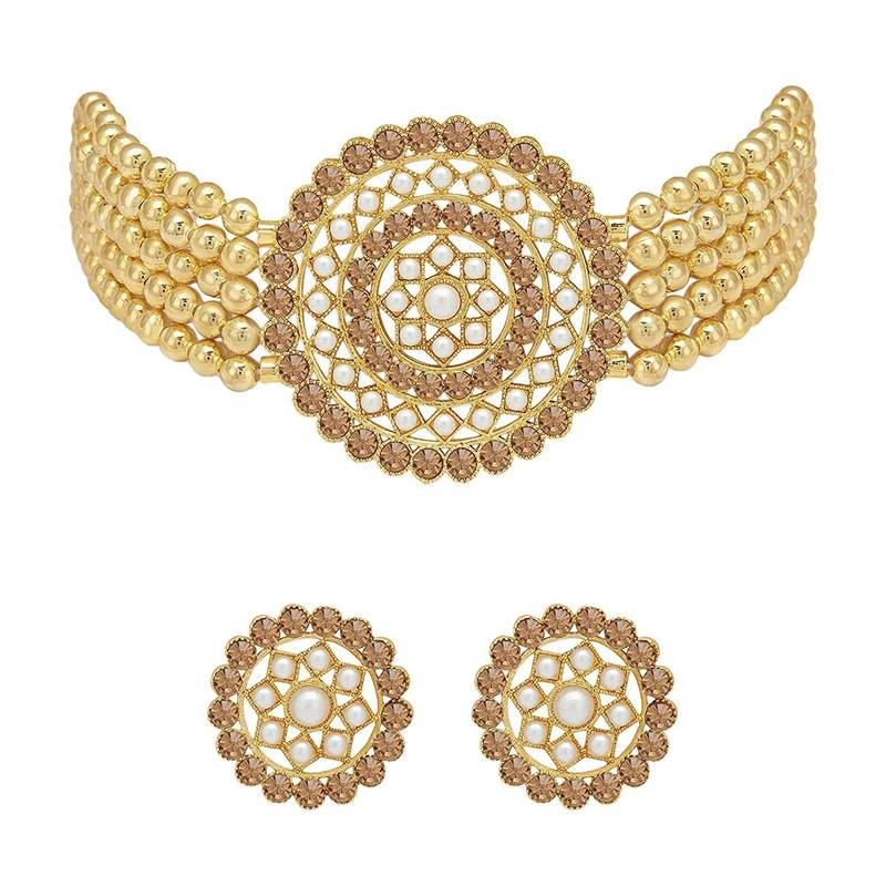 Traditional Light Weight Beaded Choker Set Glided With Stones & Moti Work