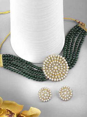 Gold Plated Traditional Emerald Beaded Choker Set Glided With Kundan Work For Women/Girls  1