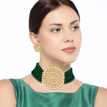 Gold Plated Traditional Emerald Beaded Choker Set Glided With Kundan Work For Women/Girls  2