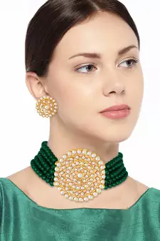 Gold Plated Traditional Emerald Beaded Choker Set Glided With Kundan Work For Women/Girls 