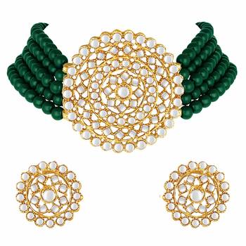 Gold Plated Traditional Emerald Beaded Choker Set Glided With Kundan Work For Women/Girls  3