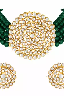 Gold Plated Traditional Emerald Beaded Choker Set Glided With Kundan Work For Women/Girls 