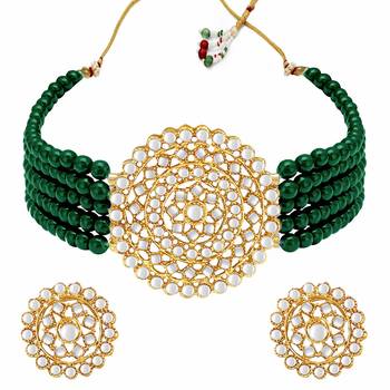 Gold Plated Traditional Emerald Beaded Choker Set Glided With Kundan Work For Women/Girls  4