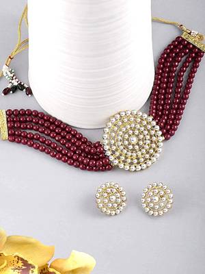Gold Plated Traditional Ruby Beaded Choker Set Glided With Kundan Work For Women/Girls  1