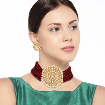 Gold Plated Traditional Ruby Beaded Choker Set Glided With Kundan Work For Women/Girls  2