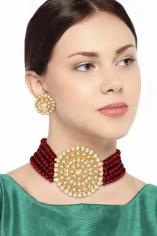 Gold Plated Traditional Ruby Beaded Choker Set Glided With Kundan Work For Women/Girls 
