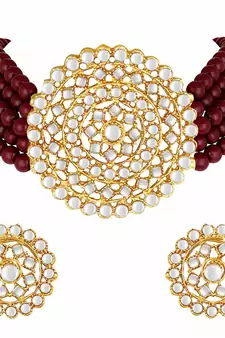 Gold Plated Traditional Ruby Beaded Choker Set Glided With Kundan Work For Women/Girls 