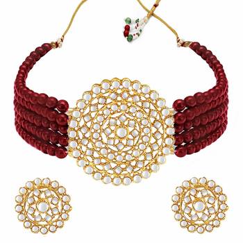 Gold Plated Traditional Ruby Beaded Choker Set Glided With Kundan Work For Women/Girls  5