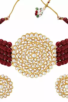 Gold Plated Traditional Ruby Beaded Choker Set Glided With Kundan Work For Women/Girls 