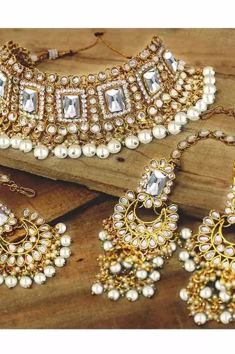 Traditional Handcrafted Faux Kundan & Pearl Studded Bridal Necklace Set with Earrings & Maang Tikka 