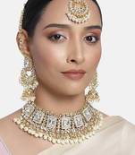 Traditional Handcrafted Faux Kundan & Pearl Studded Bridal Necklace Set with Earrings & Maang Tikka 