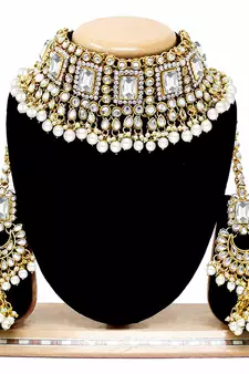 Traditional Handcrafted Faux Kundan & Pearl Studded Bridal Necklace Set with Earrings & Maang Tikka 