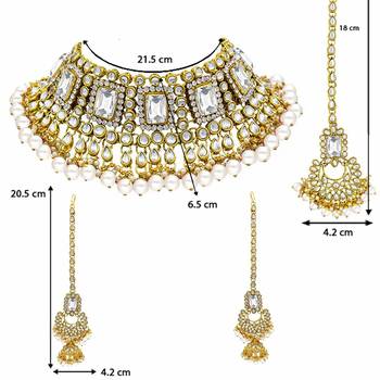 Traditional Handcrafted Faux Kundan & Pearl Studded Bridal Necklace Set with Earrings & Maang Tikka  5