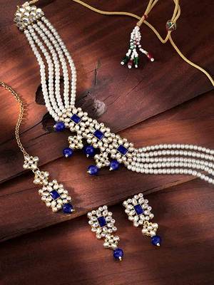 Beaded Choker Set Studded with Pearl & Kundan with Earrings & Maang Tikka for Women (ML224Bl) 1