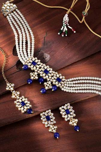 Beaded Choker Set Studded with Pearl & Kundan with Earrings & Maang Tikka for Women (ML224Bl)