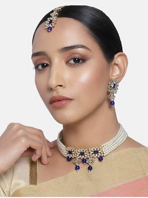Beaded Choker Set Studded with Pearl & Kundan with Earrings & Maang Tikka for Women (ML224Bl) 2
