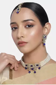 Beaded Choker Set Studded with Pearl & Kundan with Earrings & Maang Tikka for Women (ML224Bl)