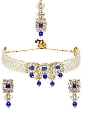 Beaded Choker Set Studded with Pearl & Kundan with Earrings & Maang Tikka for Women (ML224Bl) 3