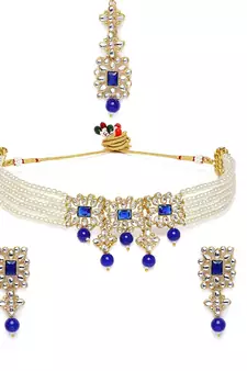 Beaded Choker Set Studded with Pearl & Kundan with Earrings & Maang Tikka for Women (ML224Bl)