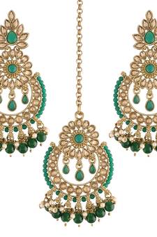 Traditional Handcrafted Earrings With Maang Tikka Encased with Faux Kundan & Pearl for Women/Girls 