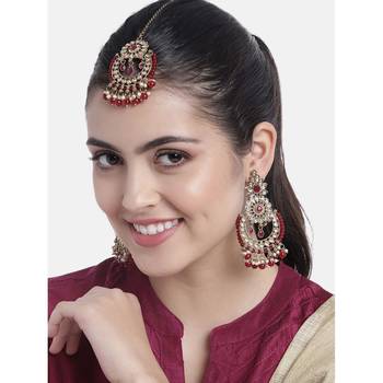 Traditional Handcrafted Earrings With Maang Tikka Encased with Faux Kundan & Pearl for Women/Girls (TE4001M) 1