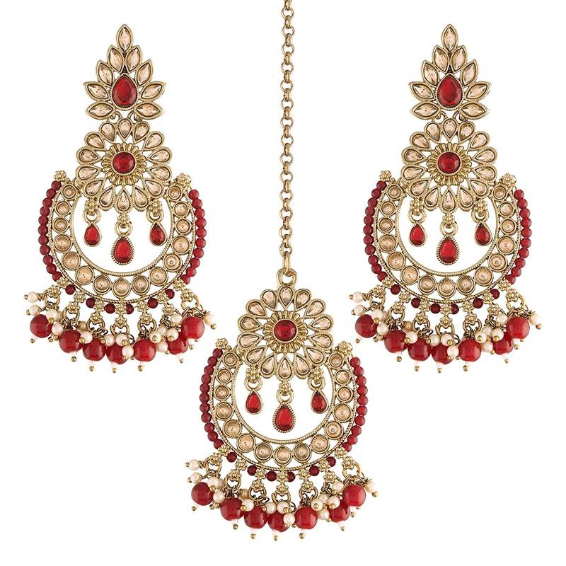 Traditional Handcrafted Earrings With Maang Tikka Encased with Faux Kundan & Pearl for Women/Girls (TE4001M)