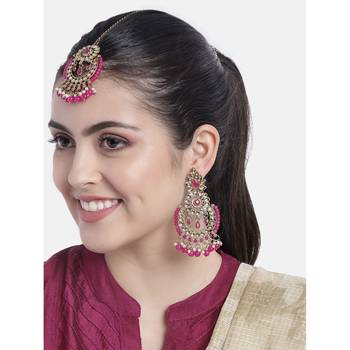 Traditional Handcrafted Earrings With Maang Tikka Encased with Faux Kundan & Pearl for Women/Girls  1