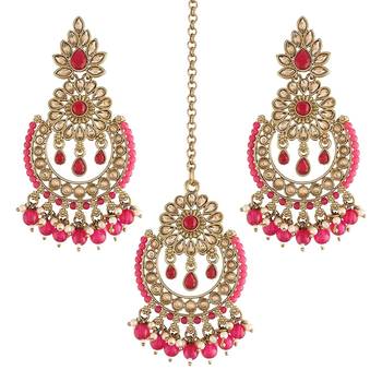 Traditional Handcrafted Earrings With Maang Tikka Encased with Faux Kundan & Pearl for Women/Girls  2
