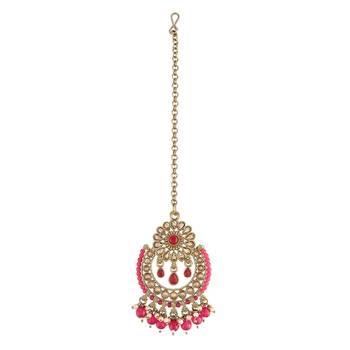 Traditional Handcrafted Earrings With Maang Tikka Encased with Faux Kundan & Pearl for Women/Girls  5