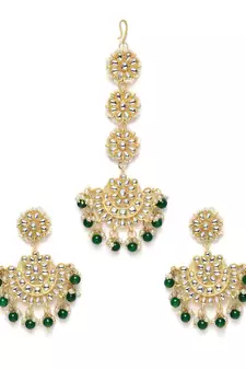 Matte Finish Traditional Kundan & Faux Pearl Chandbali Earrings with Maang Tikka Set 