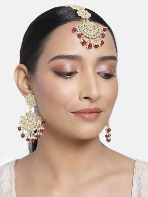 Gold Plated with Stunning Matte Finish Traditional Kundan & Faux Pearl Chandbali Earrings with Maang Tikka Set  1