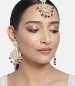 Gold Plated with Stunning Matte Finish Traditional Kundan & Faux Pearl Chandbali Earrings with Maang Tikka Set 