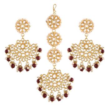 Gold Plated with Stunning Matte Finish Traditional Kundan & Faux Pearl Chandbali Earrings with Maang Tikka Set  2