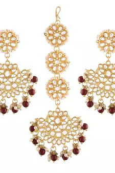 Gold Plated with Stunning Matte Finish Traditional Kundan & Faux Pearl Chandbali Earrings with Maang Tikka Set 