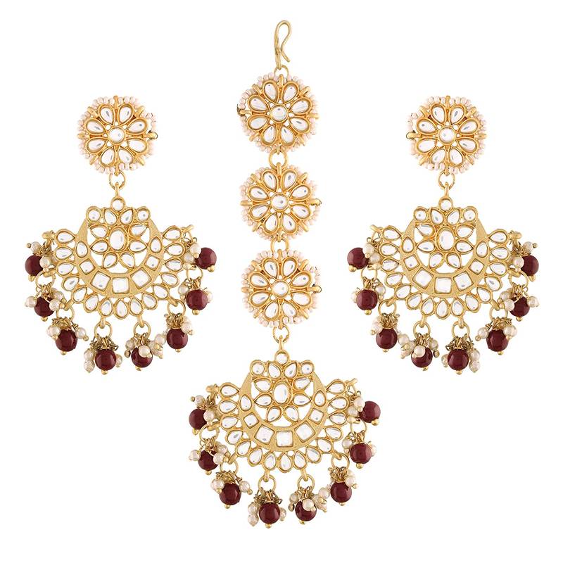 Gold Plated with Stunning Matte Finish Traditional Kundan & Faux Pearl Chandbali Earrings with Maang Tikka Set 