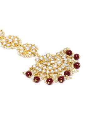 Gold Plated with Stunning Matte Finish Traditional Kundan & Faux Pearl Chandbali Earrings with Maang Tikka Set  3