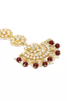 Gold Plated with Stunning Matte Finish Traditional Kundan & Faux Pearl Chandbali Earrings with Maang Tikka Set 