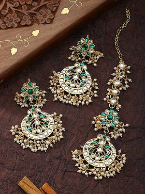 Traditional Handcrafted Earrings With Maang Tikka Encased with Faux Kundan & Pearl for Women/Girls  1