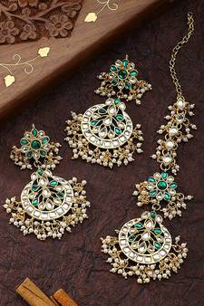 Traditional Handcrafted Earrings With Maang Tikka Encased with Faux Kundan & Pearl for Women/Girls (TE2872G)