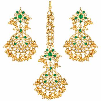 Traditional Handcrafted Earrings With Maang Tikka Encased with Faux Kundan & Pearl for Women/Girls  2