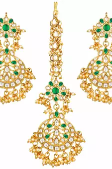 Traditional Handcrafted Earrings With Maang Tikka Encased with Faux Kundan & Pearl for Women/Girls 