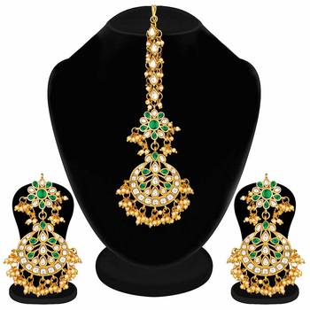 Traditional Handcrafted Earrings With Maang Tikka Encased with Faux Kundan & Pearl for Women/Girls  4