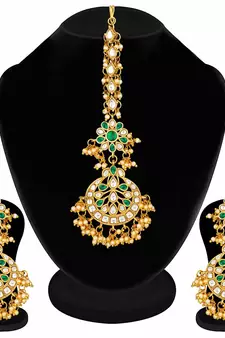 Traditional Handcrafted Earrings With Maang Tikka Encased with Faux Kundan & Pearl for Women/Girls 