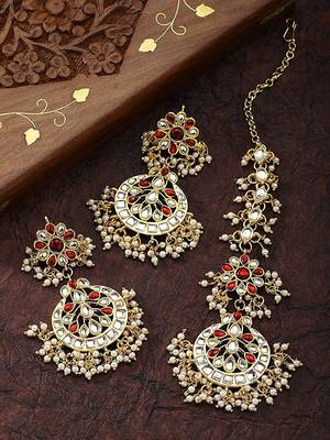 Earrings with Maang Tikka Set Studded with Kundan & Pearl for Women/Girls  1