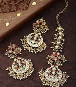 Earrings with Maang Tikka Set Studded with Kundan & Pearl for Women/Girls 